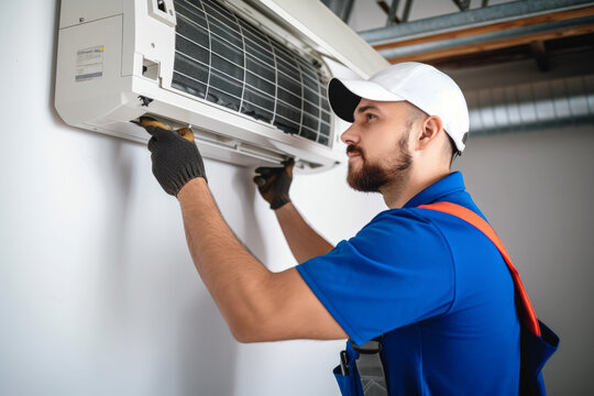 Air conditioning technician servicing a wall-mounted AC unit in Draper, UT
