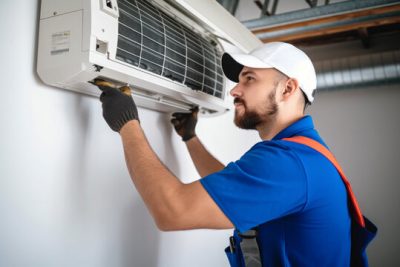 360_F_621046421_Vcay4nYa8ozdeodOQVDfES6MRrC6N3b8 Air conditioning technician servicing a wall-mounted AC unit in Draper, UT