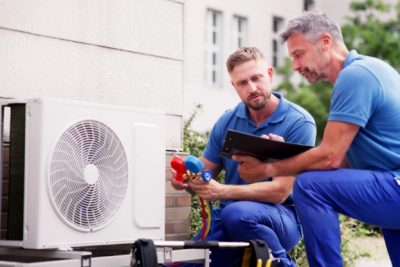 ac-installation-in-claremont-ca HVAC technicians reviewing an outdoor air conditioning unit in Draper, UT